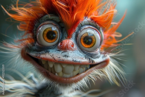 Whimsical Close-Up of a Wide-Eyed, Smiling Creature with Bright Orange Hair and Exaggerated Features Radiating Playful Energy