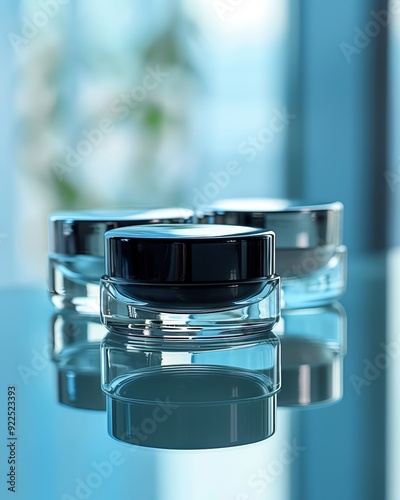 Elegant cosmetic jars on a reflective surface, more clarity with clear light and sharp focus, high detailed