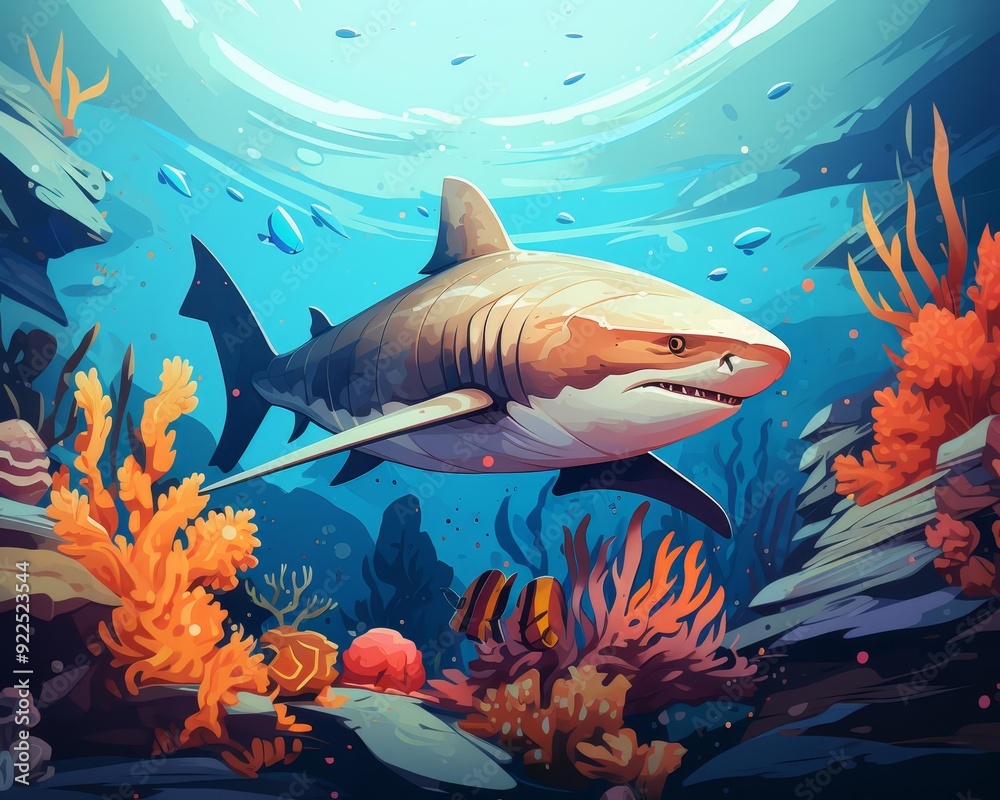Obraz premium A shark circling curiously flat design front view coral reef animation vivid