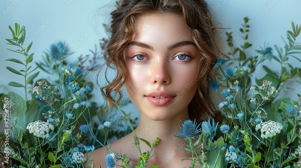 Ethereal Portrait of a Young Woman Surrounded by Lush Greenery and Delicate Blue Flowers Evoking Natural Beauty and Serenity Ethereal Portrait of a Young Woman Surrounded by Lush Greenery and Delicate Blue Flowers Evoking Natural Beauty and Serenity