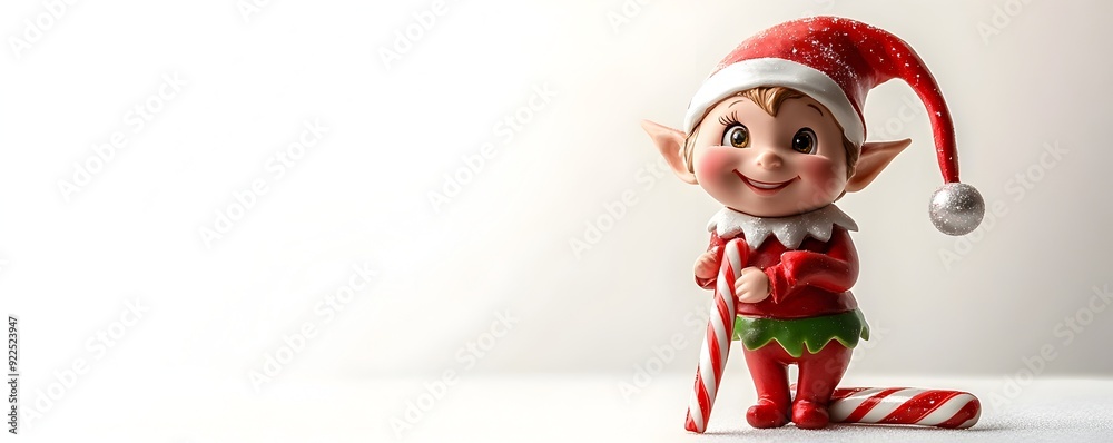 Fototapeta premium Cheerful Christmas Elf Figurine with Candy Cane and Festive Attire Stands Ready to Spread Holiday