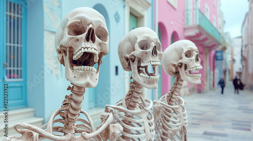 Halloween Scene of Three Skeletons Lined Up on Colorful Street in Daylight, Concept of Mortality and Urban Life photo