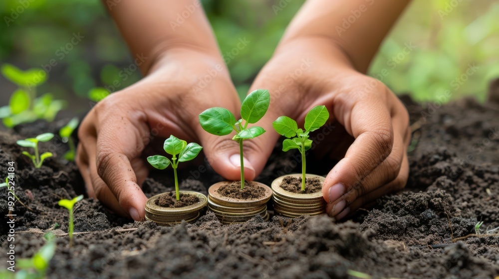 Hands stacking coins with green plant sprouts on top, symbolizing CO2 reduction Hands stacking coins with green plant sprouts on top, symbolizing CO2 reduction