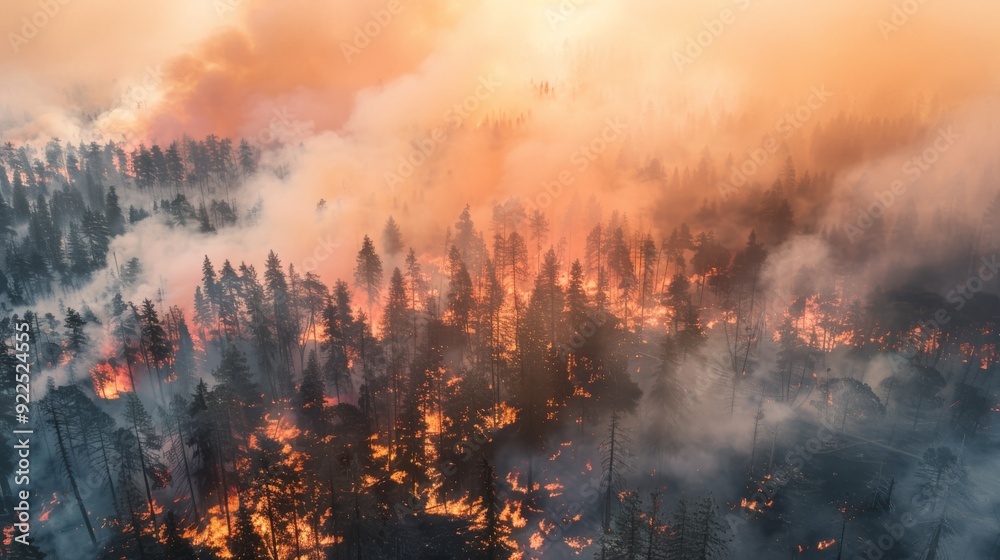 High-altitude view of intense wildfires releasing large volumes of CO2 and thick smoke High-altitude view of intense wildfires releasing large volumes of CO2 and thick smoke