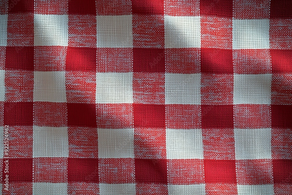 Red and white checkered tablecloth on a sunlit surface in a cozy kitchen setting Red and white checkered tablecloth on a sunlit surface in a cozy kitchen setting