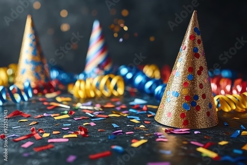 Colorful Party Hats and Confetti on a Festive Table