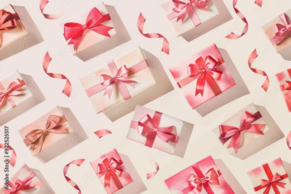 Watercolor gift boxes with ribbons and bows, arranged in a scattered pattern on a neutral background, Christmas background, cheerful holiday presents Watercolor gift boxes with ribbons and bows, arranged in a scattered pattern on a neutral background, Christmas background, cheerful holiday presents
