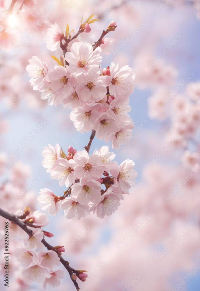 Sakura. Branches with pink flowers on a plain background for publications.
