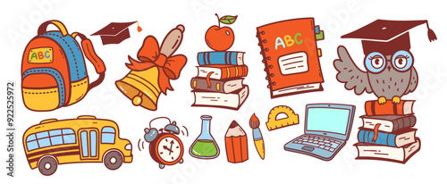 Vector color cute illustration collection of back to school education symbols and objects