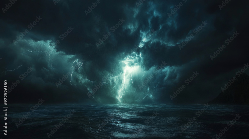 Fototapeta premium Dramatic thunderstorm over the ocean at night with lightning strikes
