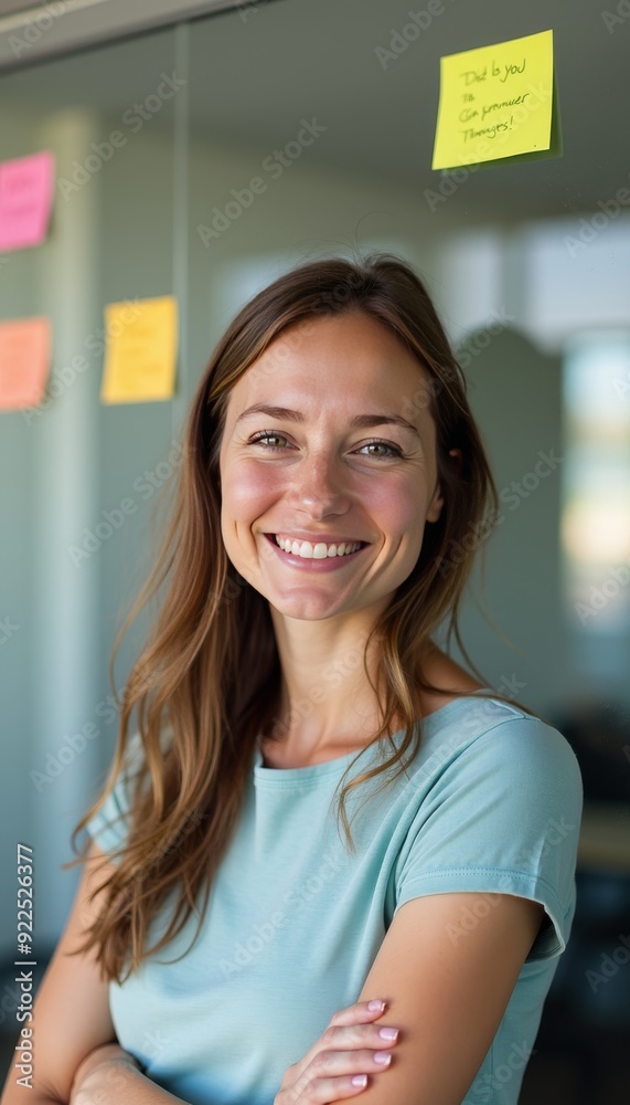 Smiling Woman in Casual Outfit Standing Near Sticky Notes Wall. Smiling Woman in Casual Outfit Standing Near Sticky Notes Wall.