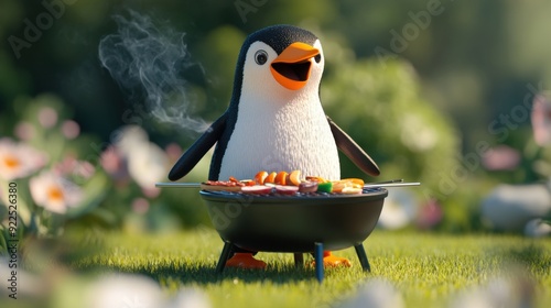 Penguin character grilling food on a barbecue, rendered in a playful 3D style, combining elements of whimsy and humor in a lighthearted summer scene.