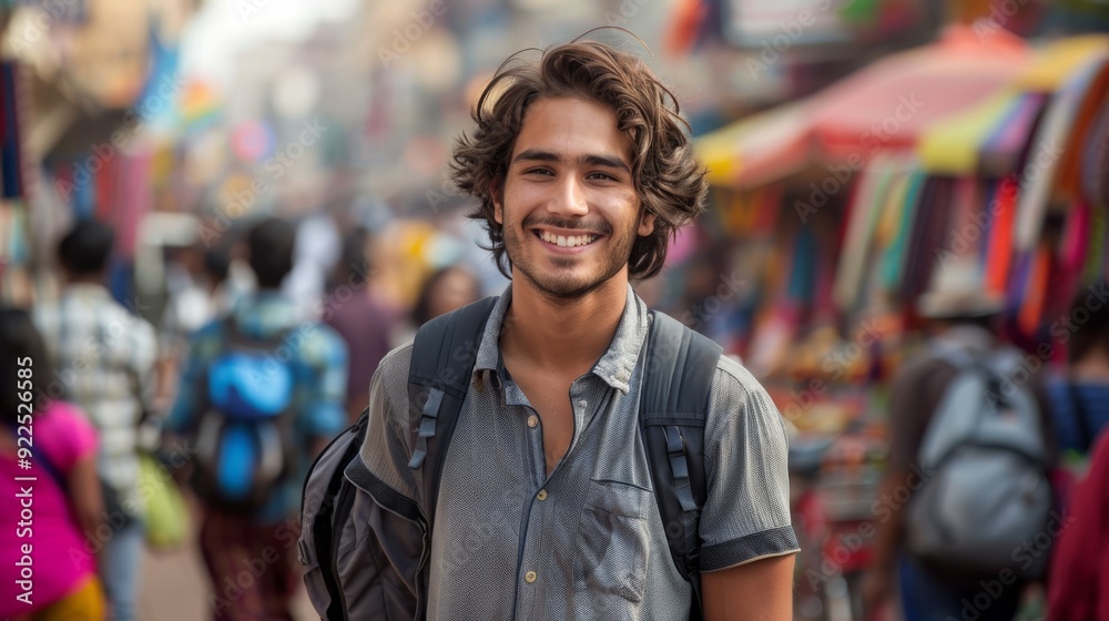 Smiling young man standing on a crowded street in India holding a backpack