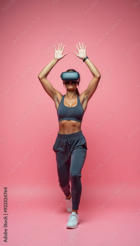 Athletic Woman Engaged in Virtual Reality Experience on Pink Background Athletic Woman Engaged in Virtual Reality Experience on Pink Background