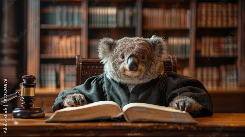 Animal dressed as judge sitting in an office, gavel and books on desk. Justice and law concept Animal dressed as judge sitting in an office, gavel and books on desk. Justice and law concept
