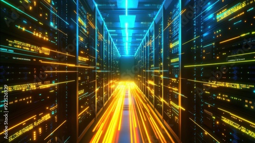 Server room filled with towering racks of glowing servers, data streams visible as light trails between them, in a 3D render.