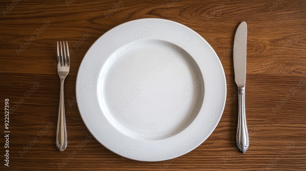 Elegant place setting with a white plate, knife, and fork, arranged meticulously, ready for a fine dining experience. Elegant place setting with a white plate, knife, and fork, arranged meticulously, ready for a fine dining experience.