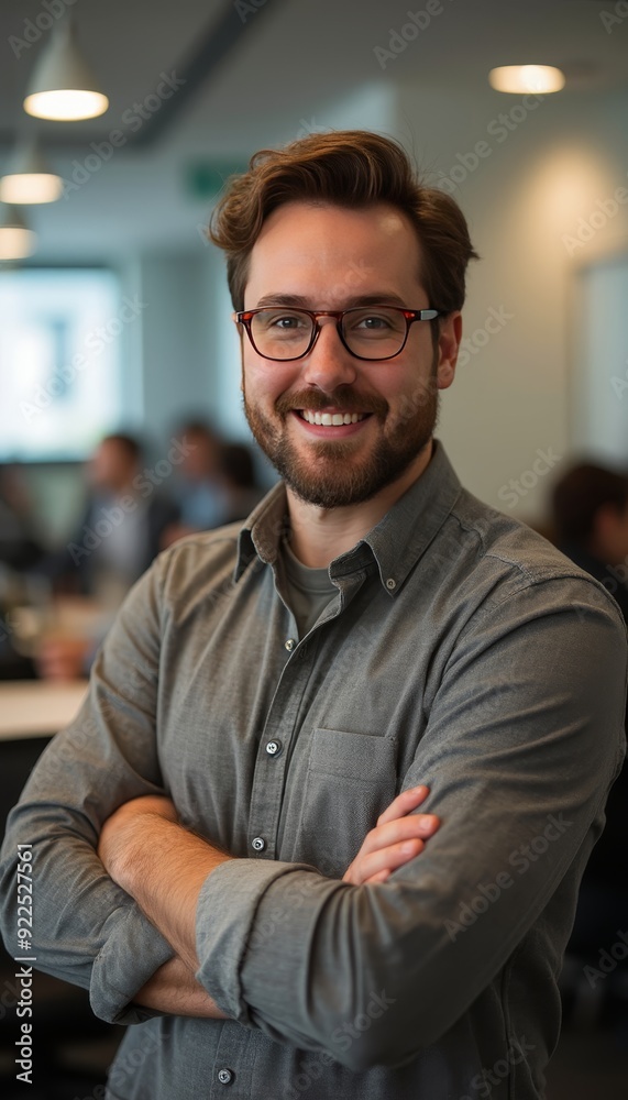 Fototapeta premium Smiling Professional Man Wearing Glasses in Modern Office Setting