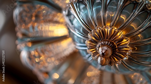 Close-up of a Gold and Blue Glass Chandelier photo