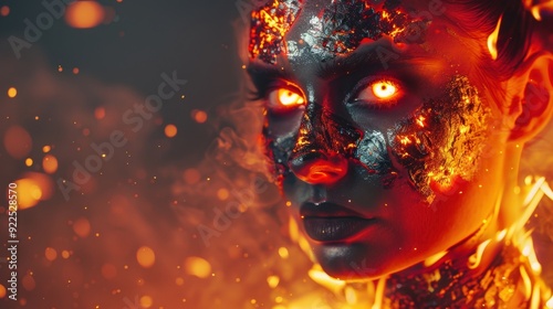 Wallpaper Mural A striking figure with fiery skin and glowing eyes emerges from swirling flames, evoking a sense of power and mystique Torontodigital.ca