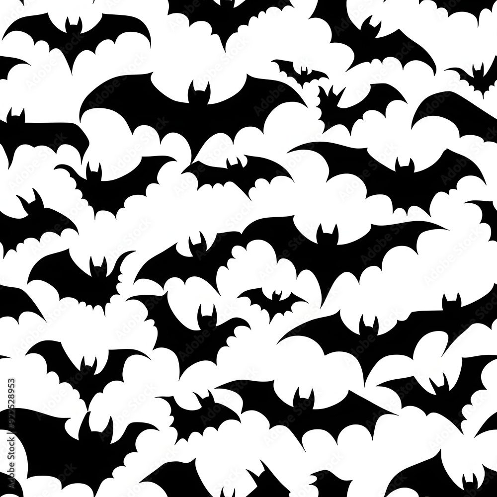 Naklejka premium Halloween bats silhouettes, cloud of bats seamless pattern of vector Halloween horror holiday. Black shadows of spooky night monster animals on white background, trick or treat party decoration