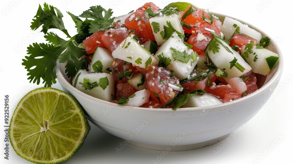 Vibrant Fresh Ceviche with Lime and Cilantro in Editorial Foods Magazine Style on White Background Vibrant Fresh Ceviche with Lime and Cilantro in Editorial Foods Magazine Style on White Background