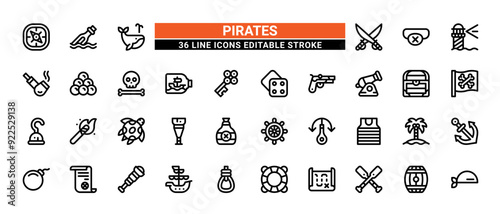 36 Pirates Line Icons Set Pack Editable Stroke Vector Illustration.