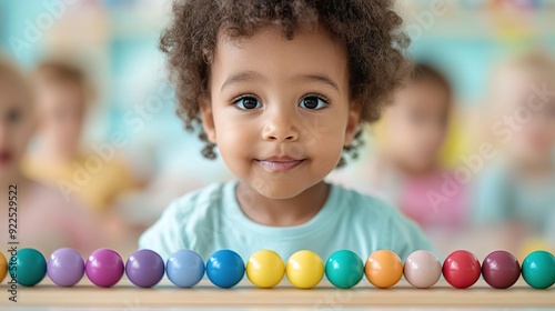 A young girl plays with colorful toys at a table in a classroom.