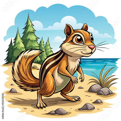 American Beach Chair with Humiliated Eastern Chipmunk Walking Beach - Vector Illustration, SVG & Cricut Files