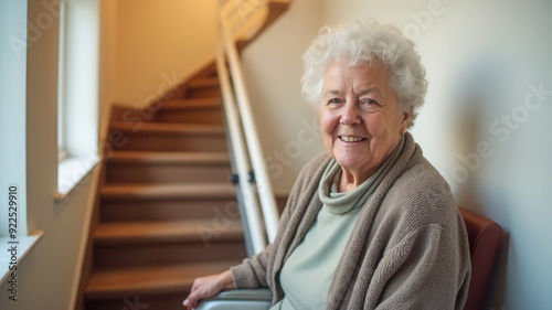 Happy lady on stairlift with copy space photo