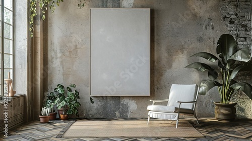 Empty Frame in a Rustic Interior with a White Chair and Plants