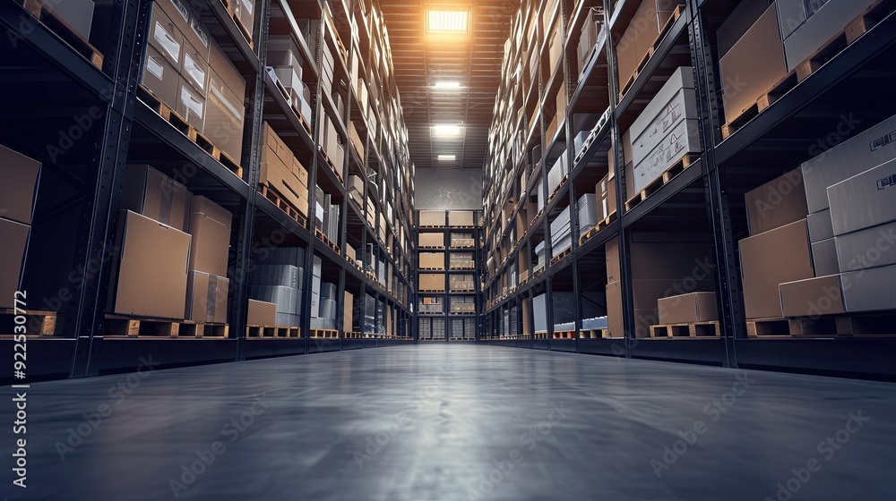 A large warehouse with numerous items. Rows of shelves with boxes. Logistics. Inventory control, order fulfillment or space optimization. Illustration for advertising, marketing or presentation. A large warehouse with numerous items. Rows of shelves with boxes. Logistics. Inventory control, order fulfillment or space optimization. Illustration for advertising, marketing or presentation.