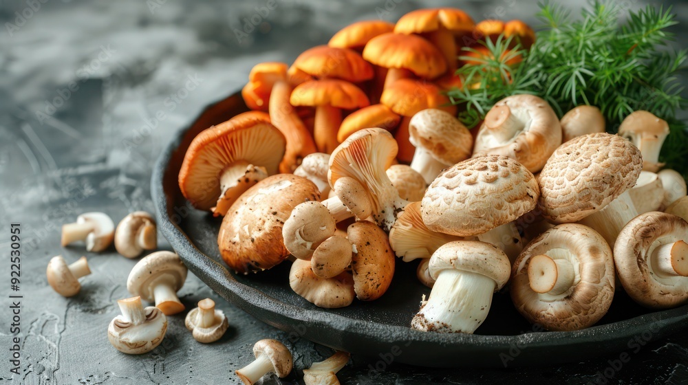 Close-Up of Various Mushrooms on a Wooden Plate and a Cluster of White Agaricus Like Mushrooms Growing on the Forest Floor in Estabrook Woods, Concord, Massachusetts, with Copy Space Close-Up of Various Mushrooms on a Wooden Plate and a Cluster of White Agaricus Like Mushrooms Growing on the Forest Floor in Estabrook Woods, Concord, Massachusetts, with Copy Space
