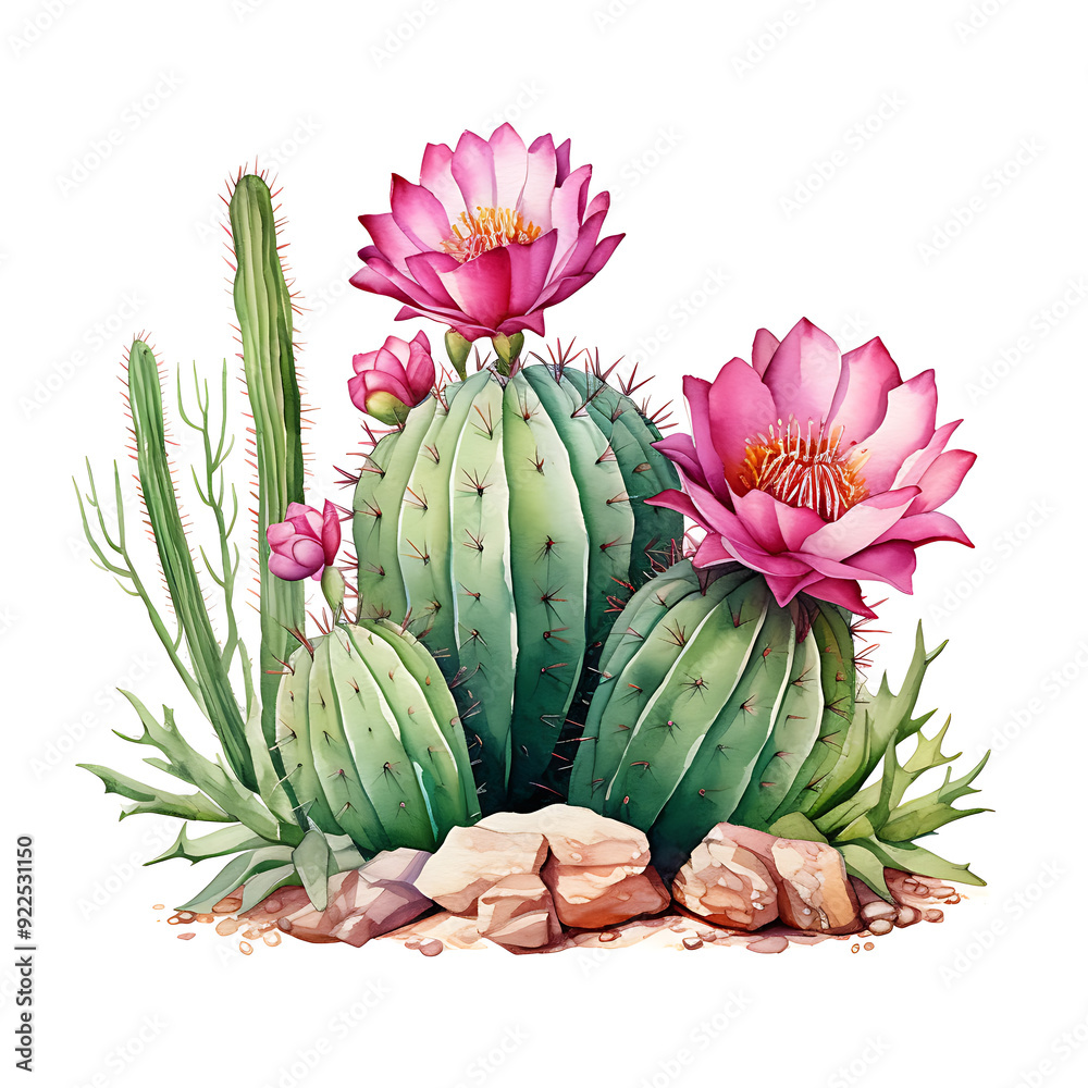 Obraz premium Watercolor green cactus with a pink flower illustration