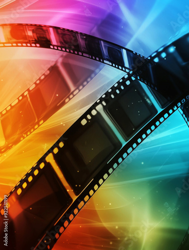 A colorful image of film strips with a rainbow background