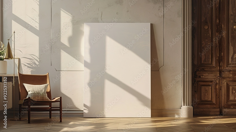A Large Blank Canvas in a Sunlit Room with a Wooden Door and a Leather Chair A Large Blank Canvas in a Sunlit Room with a Wooden Door and a Leather Chair