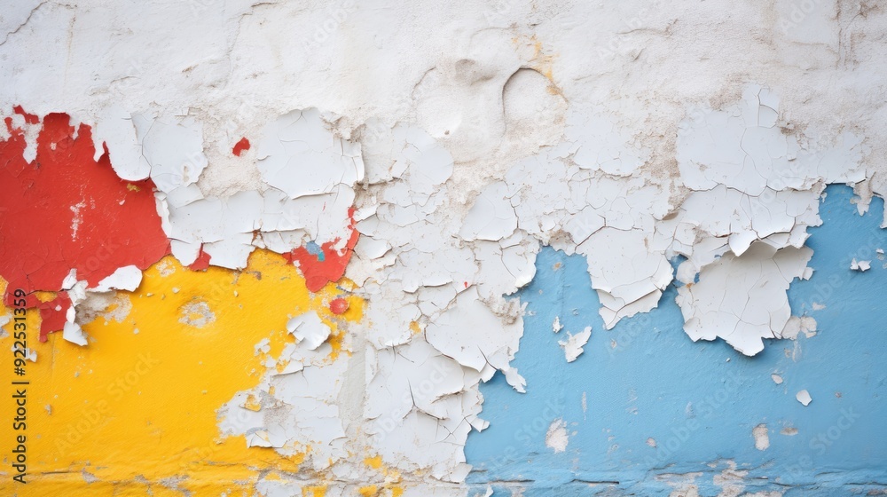 Obraz premium Wall with peeling paint. Texture of old concrete wall for background. A dilapidated building wall in need of major repairs. Facade of a house with damaged plaster. Photophone for retro photography.