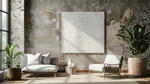 Modern living room interior with a large blank canvas hanging on a distressed wall