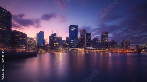 Cityscape at Twilight with Reflections in Still Water