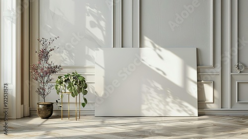 Minimalist Room Interior with Blank Canvas and Plants