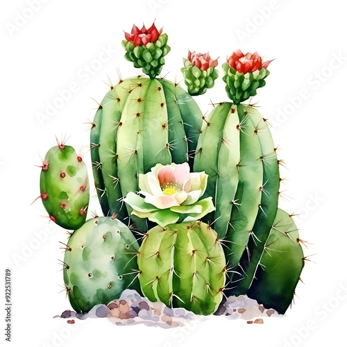 Watercolor green cactus with a pink flower illustration photo