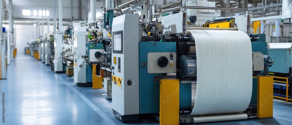 Industrial Manufacturing Machine with Large Roll of White Material