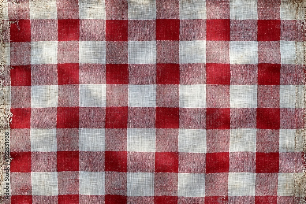 A red and white checkered tablecloth drapes over a wooden surface in a sunlit setting A red and white checkered tablecloth drapes over a wooden surface in a sunlit setting
