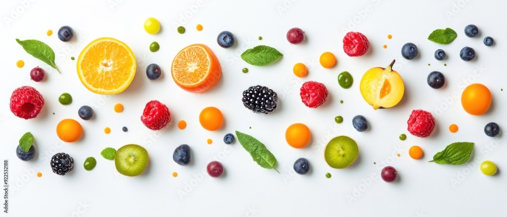Colorful Fruit and Berry Arrangement on a White Background Colorful Fruit and Berry Arrangement on a White Background