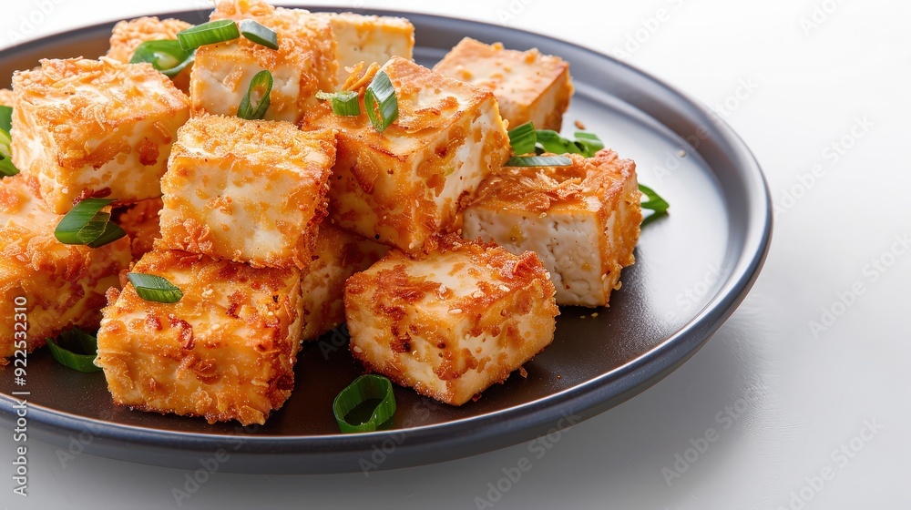 Crispy Tofu Bites on Plate - Editorial Food Photography in Professional Studio Setting Crispy Tofu Bites on Plate - Editorial Food Photography in Professional Studio Setting