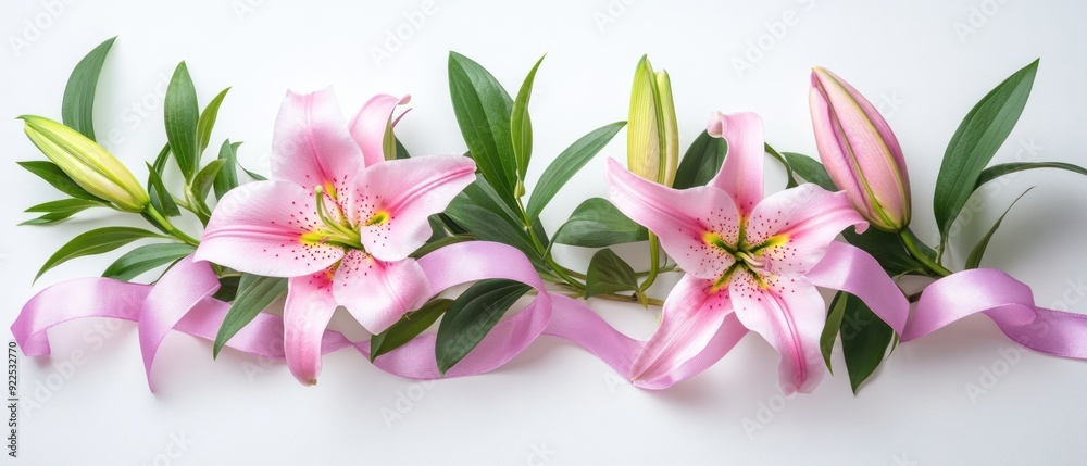 Pink Lilies and Green Leaves with a Pink Ribbon on a White Background Pink Lilies and Green Leaves with a Pink Ribbon on a White Background