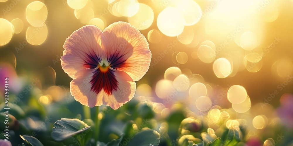 In a welltended garden, a vibrant pansy blooms under warm sunlight, creating a tranquil atmosphere, enhanced by soft bokeh effects that dance playfully around it, adding to its charm In a welltended garden, a vibrant pansy blooms under warm sunlight, creating a tranquil atmosphere, enhanced by soft bokeh effects that dance playfully around it, adding to its charm