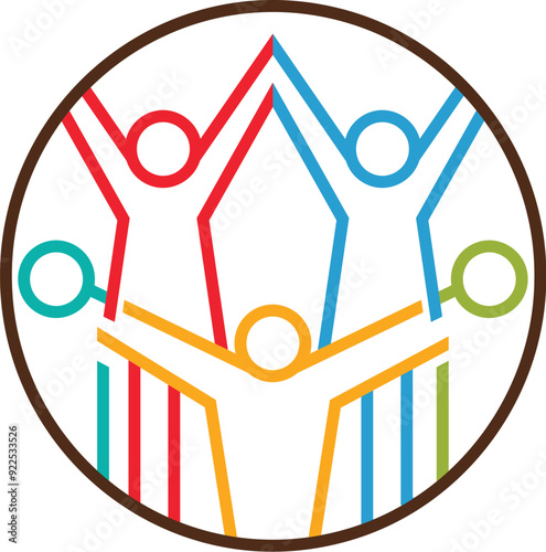 Colorful logo featuring three joyful people figures with arms raised in a circle, symbolizing unity, celebration, and teamwork in a vibrant and energetic design