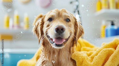 A realistic photo of a pet being pampered at a high-end grooming salon, with luxurious treatments and products.