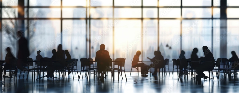 © SKIMP Art - A blurred photograph of an office meeting room with large windows overlooking the city, filled with black metal chairs and dark wooden tables Generative AI © SKIMP Art - A blurred photograph of an office meeting room with large windows overlooking the city, filled with black metal chairs and dark wooden tables Generative AI